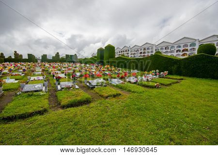 TULCAN, ECUADOR - JULY 3, 2016: tombs with headstones and flowers surrounded by plants sculptures.