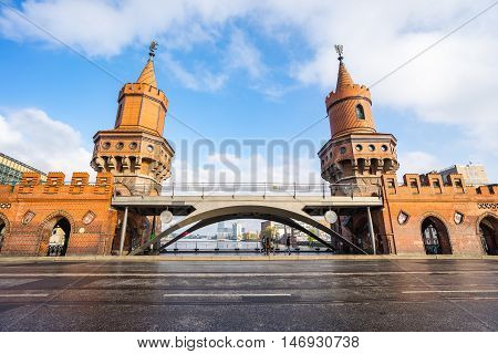 View of the Oberbaum Bridge in Berlin Germany.