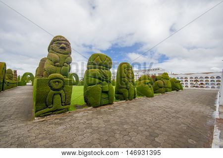 TULCAN, ECUADOR - JULY 3, 2016: the sculptures in the cemetery represents the flora and fauna of ecuador.