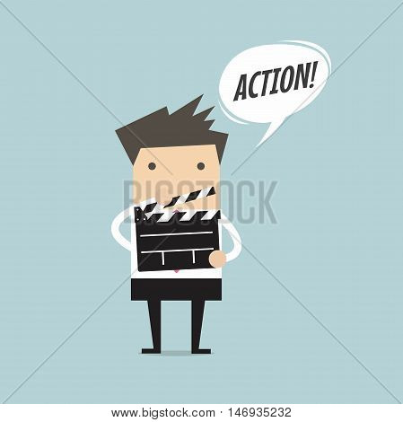 Businessman holding movie slate and say Action vector