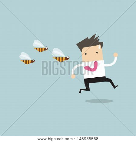 Businessman running away from dangerous insects vector