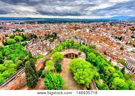 Granada Andalusia Spain. View of Albayzin ( Albaicin) from Alcazaba and Alhambra hill over the old city and Cathedral of Granada.