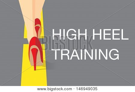 Walk training in high heels shoes follow yellow line on the floor. Illustration about beauty and fashion.