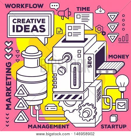 Vector Illustration Of Three Dimensional Black And White Mechanism To Develop Creative Ideas On Red