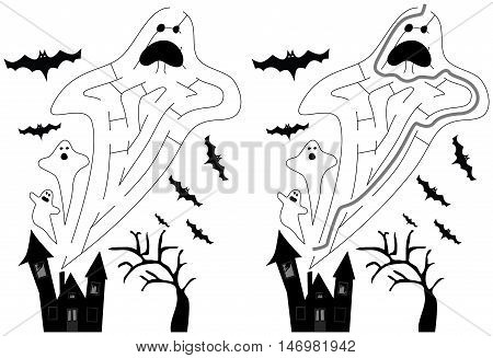 Easy ghost maze for younger kids with a solution in black and white