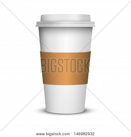 Close up take-out coffee with brown cap and cup holder. Isolated on white background. Vector Illustration.