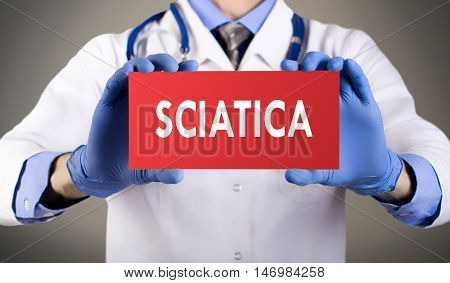 Doctor's hands in blue gloves shows the word sciatica. Medical concept.
