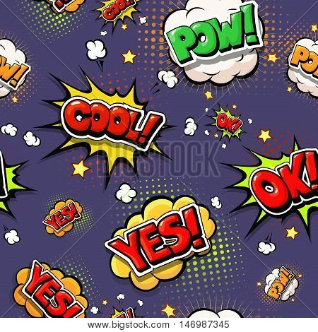 Colorful speech bubbles and explosions in pop art style. Design comic. Ok, cool, yes, pow, oops comic fonts.