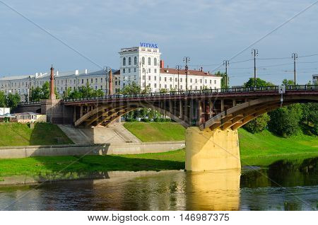 VITEBSK BELARUS - JULY 13 2016: View of Kirovsky bridge across Western Dvina on summer morning Vitebsk Belarus