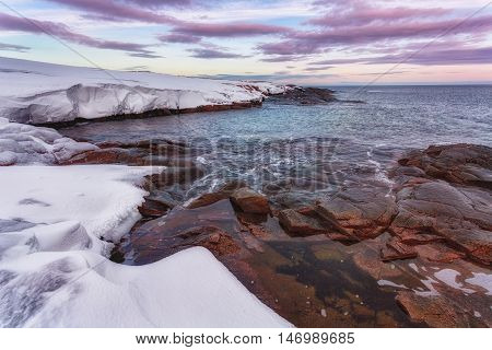 Arctic landscape coast of Barents Sea on sunrise