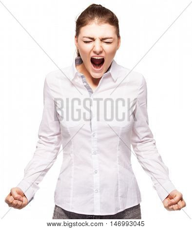 Screaming woman isolated on white background. Emotional stress, problems, frustration, hysterical, desperation