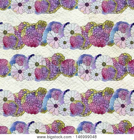 Seamless floral pattern with asters and daisy flowers. Floral watercolor background.