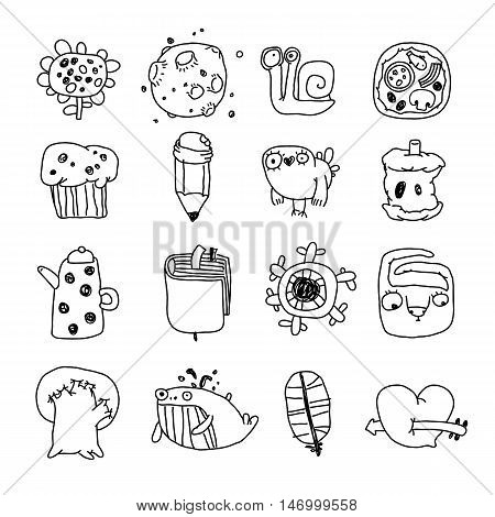 Vector Icons Set of Cartoon Objects and Characters. Isolated on White. Clipping paths included.