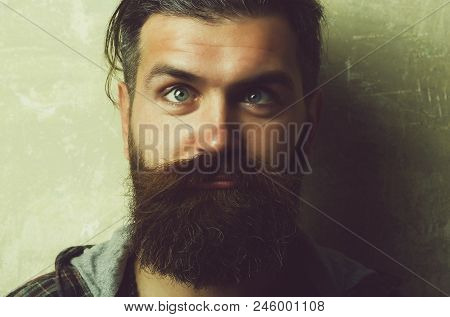 Grimace. Strabismus. Man Or Or Brutal Caucasian Hipster Squinting Eyes On Silly Face With Long Beard