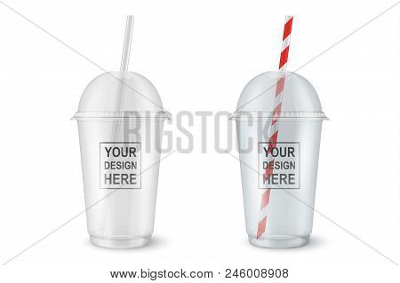 Vector Realistic 3d Empty Clear Plastic Disposable Cup Set Closeup Isolated On Transparency Grid Bac