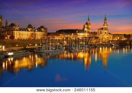 Dresden sunset skyline reflecion in Elbe river in Saxony of Germany
