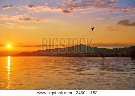 Montreux sunset skyline in Leman Geneva lake Switzerland Swiss