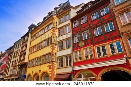 Strasbourg downtown street facades in Alsace France
