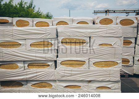 The Texture Of Mineral Wool For Insulating The Walls. Warehouse Of Products Ready For Import