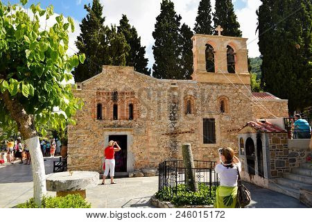 Kera, Crete Island, Greece - June 08, 2017: People Visit The Ancient Monastery Of Kera-cardiotissa.