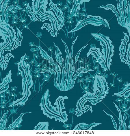 Seaweed Pattern. Silhouette Underwater Plants Seamless Pattern, Sea Flora Blue Background Vector Ill