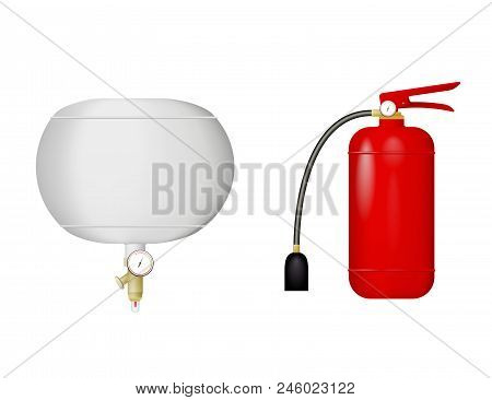 A Set Of Fire Extinguishers. Industrial Flame Prevention. Vector Illustration. White Background.