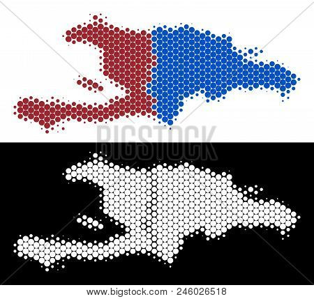 Dotted Halftone Haiti And Dominican Republic Map. Vector Geographic Scheme On White And Black Backgr