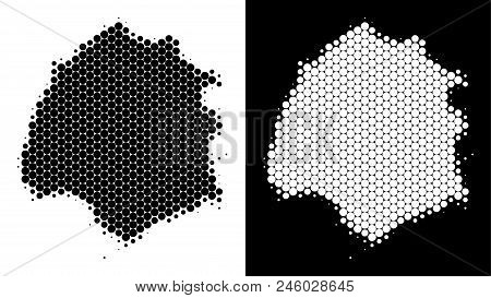 Dotted Halftone Thassos Greek Island Map. Vector Geographic Scheme On White And Black Backgrounds. A