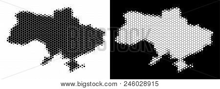 Dot Halftone Ukraine Map With Crimea. Vector Geographic Map On White And Black Backgrounds. Abstract