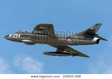 Raf Waddington, Lincolnshire, Uk - July 4, 2014: The Dutch Hawker Hunter Foundation Hawker Hunter F.