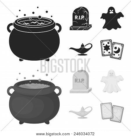 A Witch Cauldron, A Tombstone, A Ghost, A Gin Lamp.black And White Magic Set Collection Icons In Bla