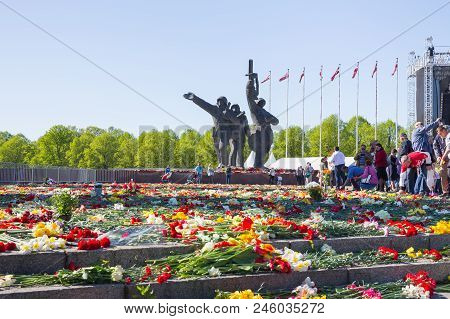 Latvia, City Riga, Victory Park, May 9, Celebration 73 Year After World War 2, Peoples, Flowers And 