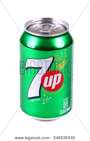 Novyy Urengoy, Russia - June 19, 2018: Aluminium Can Of The 7up Isolated Over White Background.