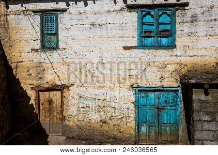 Image Of Traditional Nepalese House Facade At Annapurna Circuit Trek In Jhong Village In Mustang Reg