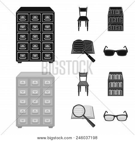Cabinet With Filing Cabinet, Chair, Shelves, Information Search. Library And Bookstore Set Collectio