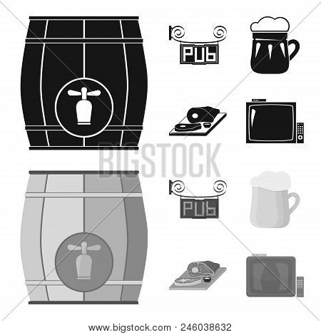 A Wooden Barrel With A Faucet, A Pub Sign, A Mug Of Beer, Pieces Of Meat On A Board.pub Set Collecti