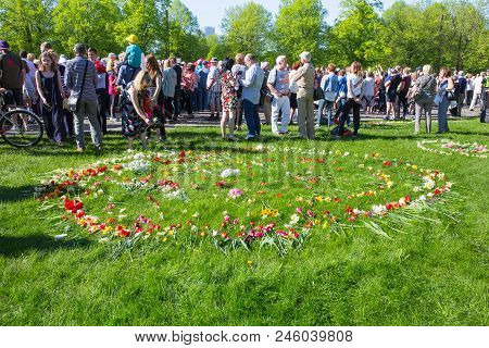 Ay 9, Celebration 73 Year After World War 2, Peoples, Flowers And Sun.
