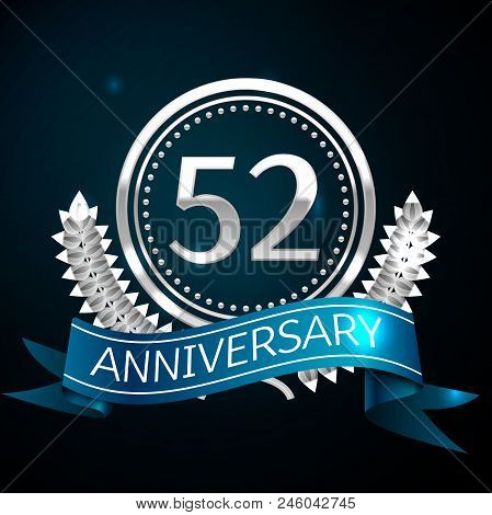 Realistic Fifty Two Years Anniversary Celebration Design With Silver Ring And Laurel Wreath, Blue Ri
