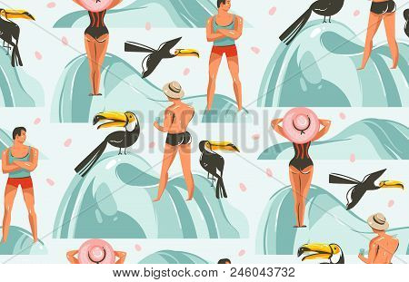 Hand Drawn Vector Abstract Graphic Cartoon Summer Time Flat Illustrations Seamless Pattern With Boys