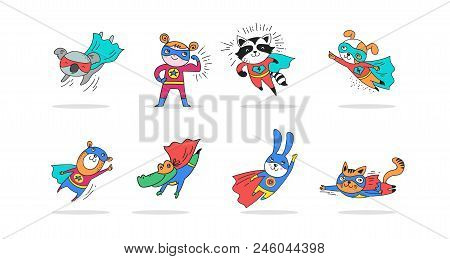 Superhero Cute Hand Drawn Animals, Cat, Dog, Panda, Bear And Crocodile Vector Characters