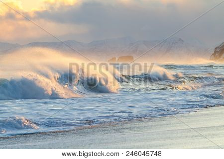 Waves On Paсific Ocean In Kamchatka And Mountain
