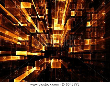 Golden Technology Background. Abstract Computer-generated Image. Digital Art: Luminous Rectangles Wi