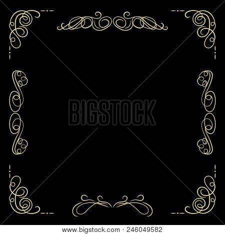 Vector Golden Vintage Frame Template, Black Background And Golden Filigree Swirly Lines, Calligraphi