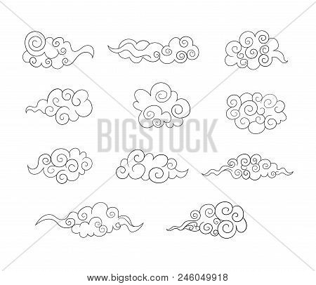 Vector Design Elements Set, Tradition Asian Art, Outline Clouds Isolated On White Background.