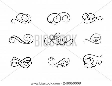 Vector Set Of Calligraphic Swirl Shapes, Abstract Curl Lines, Black Ink Drawings On White Background