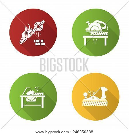 Construction Tools Flat Design Long Shadow Glyph Icon. Woodworking. Chainsaw, Circular Saws, Jack Pl