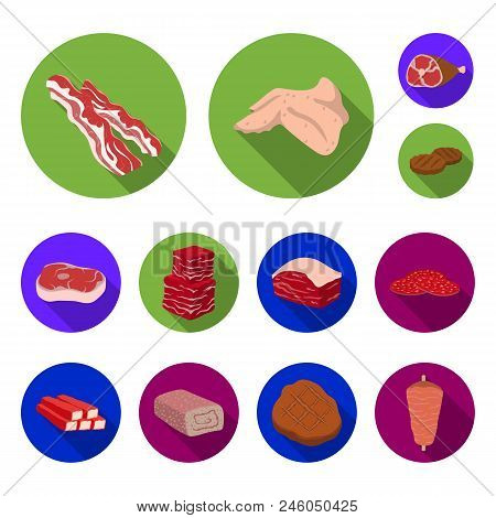 Different Meat Flat Icons In Set Collection For Design. Meat Product Vector Symbol Stock  Illustrati