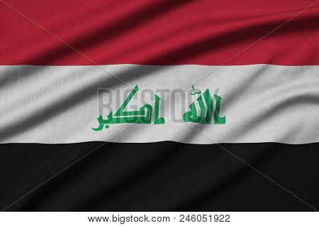 Iraq Flag  Is Depicted On A Sports Cloth Fabric With Many Folds. Sport Team Waving Banner