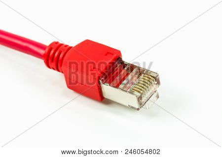Red Patch Cable With Rj45 Connector Isolated On White Background