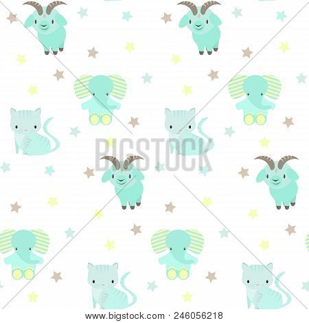 Seamless Pattern On White Background. Baby Elephant, Cat, Goatling. Wrapping Paper.
